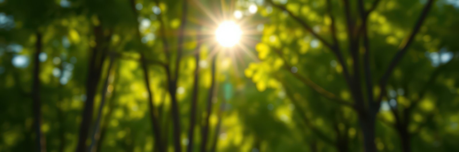Bright sunlight filters through lush green trees in a serene forest setting during a peaceful afternoon